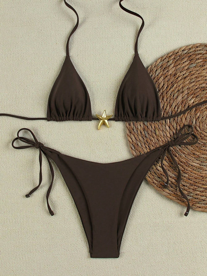 Women's Triangle Bikini Set with Adjustable Straps and Decorative Jewelry Element Mune Fashion