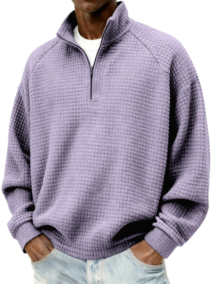 Men's Waffle Knit Oversized Sweater with Half-Zip and Stand-Up Collar Mune Fashion