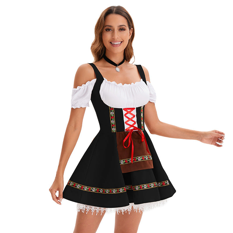 Women's short traditional dress in dirndl style with lacing, off-the-shoulder Carmen neckline, and decorative apron Mune Fashion