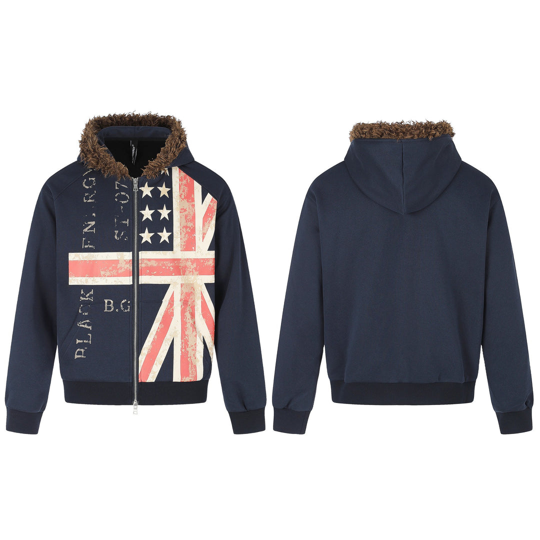 Men's hoodie jacket with faux fur trim, zipper, and vintage flag print Mune Fashion