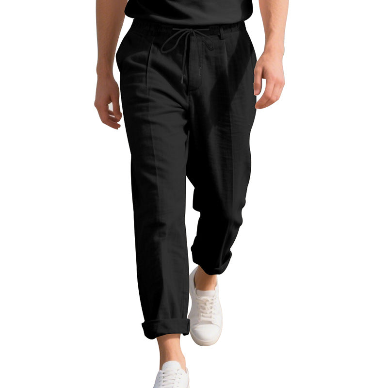 Men's beach-suitable linen blend lounge pants with elastic drawstring, subtle pleat, and rolled ankle hem Mune Fashion