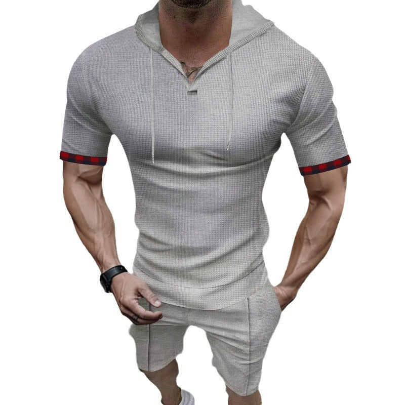 Men's summery hooded lounge set in lightweight waffle texture with short sleeve hoodie Henley opening and comfortable shorts Mune Fashion