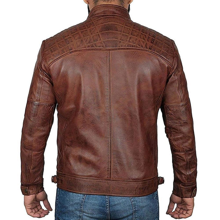 Men's Leather Jacket Biker Style Made of Genuine Leather with Stand-Up Collar and Zipper Pockets Mune Fashion
