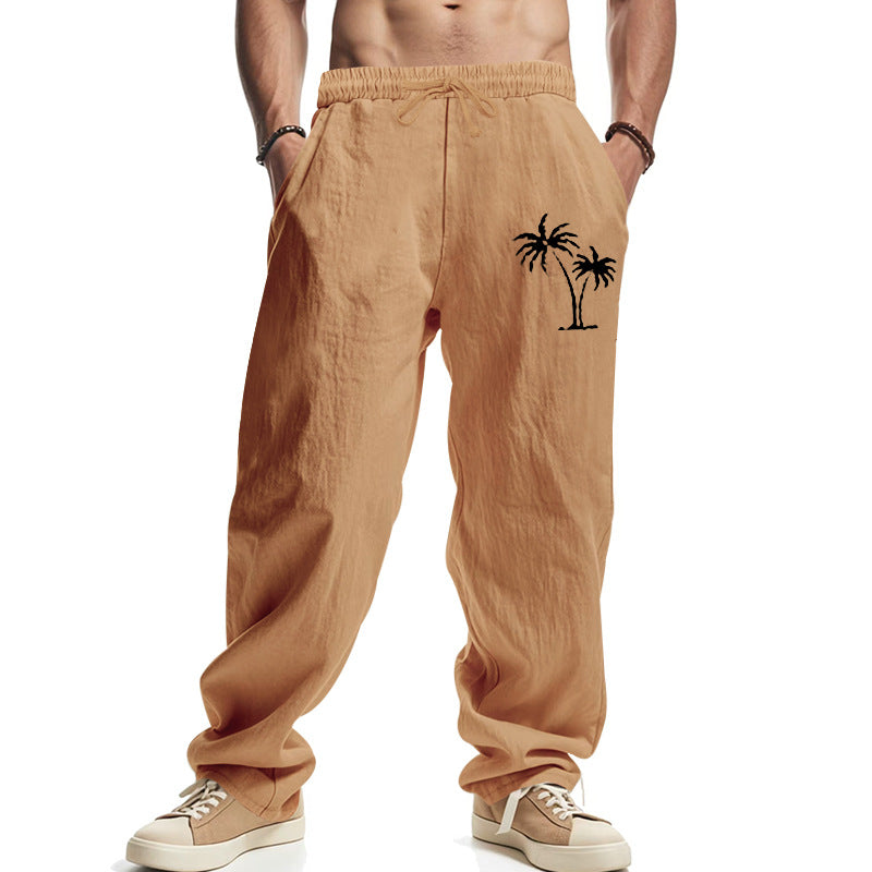 Men's Lightweight Linen-Look Casual Pants with Elastic Waistband, Drawstring & Palm Embroidery Mune Fashion