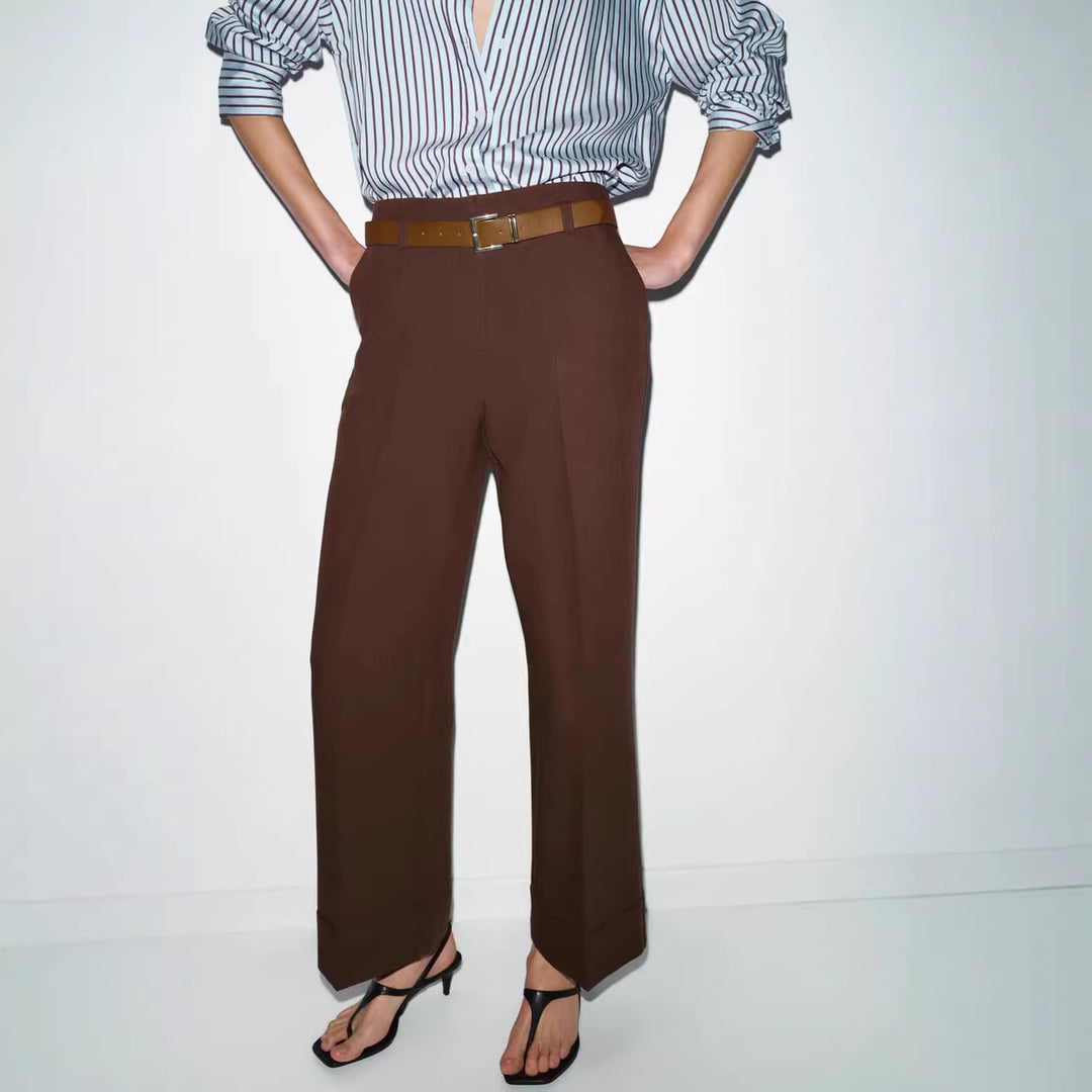 Women Wide High-Waist Trousers with Cuffed Hem, Pleat and Waist Belt Mune Fashion