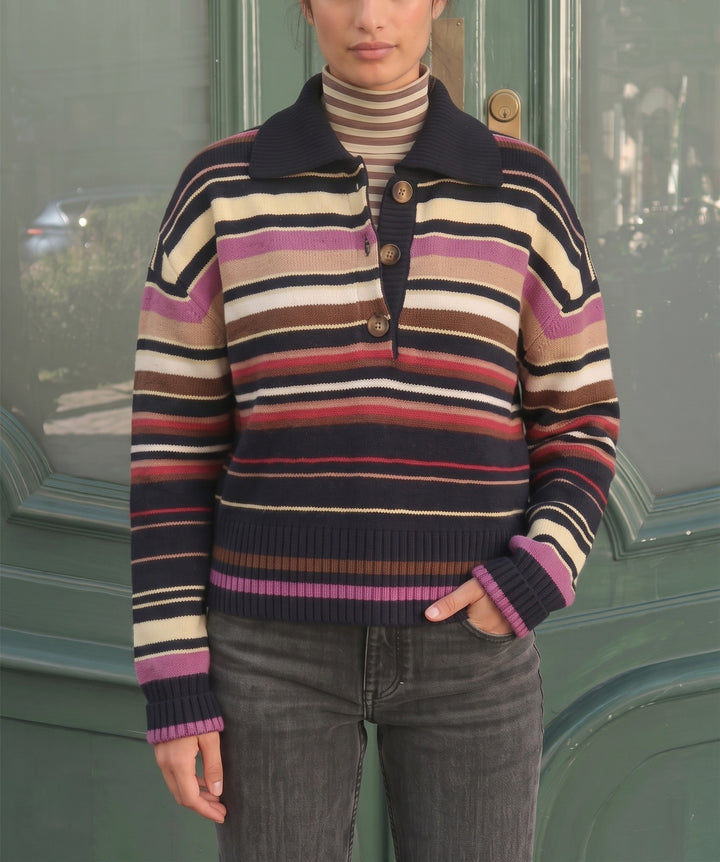 Women Striped Knitted Sweater with Polo Collar & Button Placket Mune Fashion