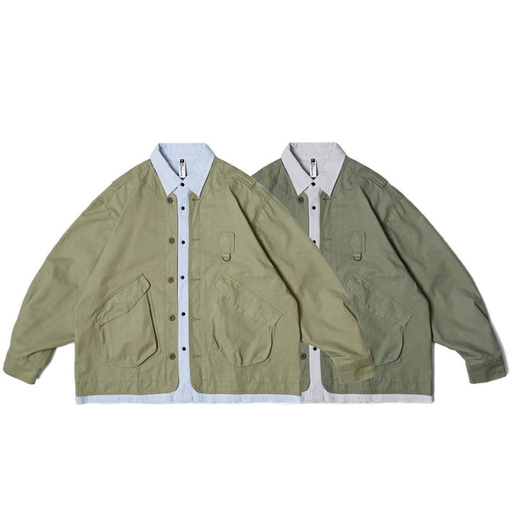 Unisex Oversize Shirt Jacket in Worker Style with Patch Flap Pockets and Contrasting Placket Mune Fashion
