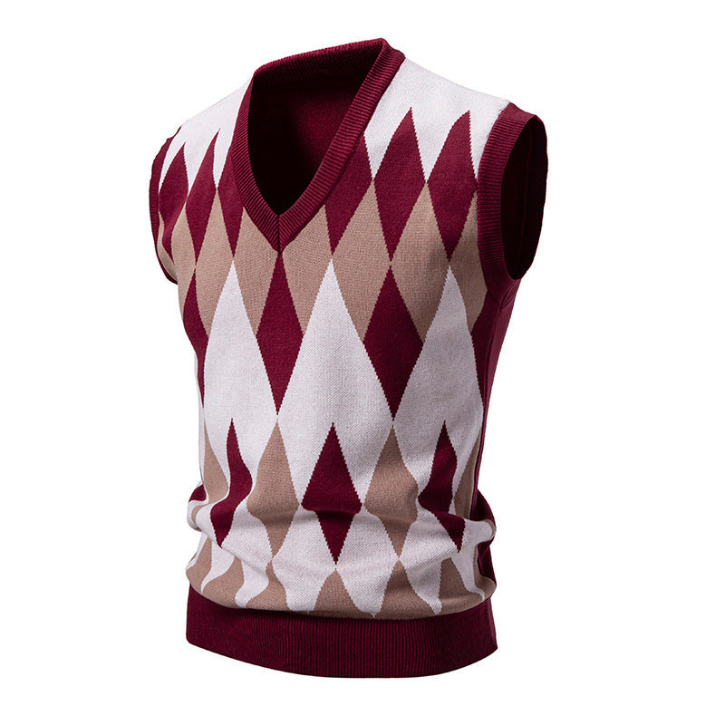 Men's sleeveless argyle knit vest with V-neck and fitted cut Mune Fashion