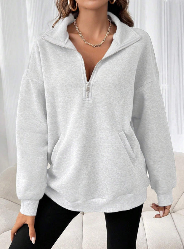 Women's Oversized Sweatshirt with Half Zipper, Kangaroo Pocket, and Stand Collar Drune