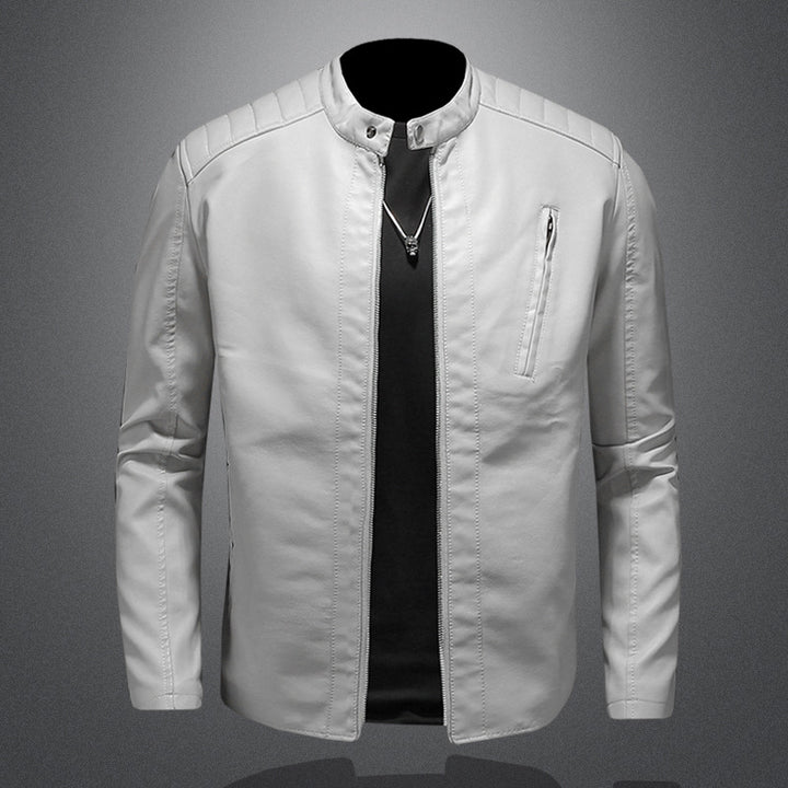 Men's Slim Leather Jacket in Biker Look with Stand-Up Collar and Vertical Chest Pocket Mune Fashion