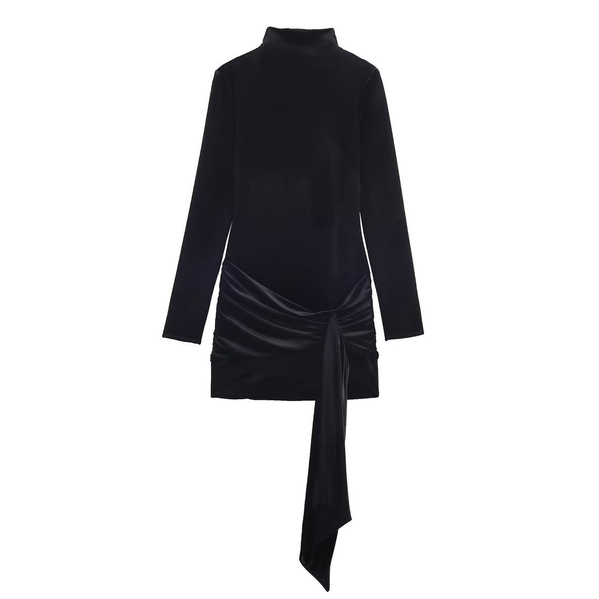 Women's mini dress with roll collar, long sleeve and side drape bow Mune Fashion