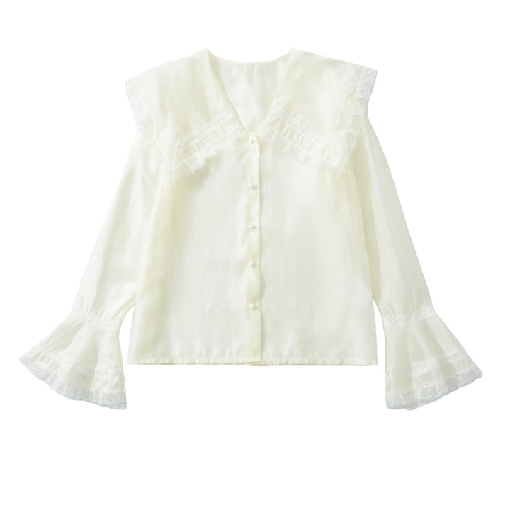 Women's blouse with large lace collar and tiered trumpet sleeves Mune Fashion