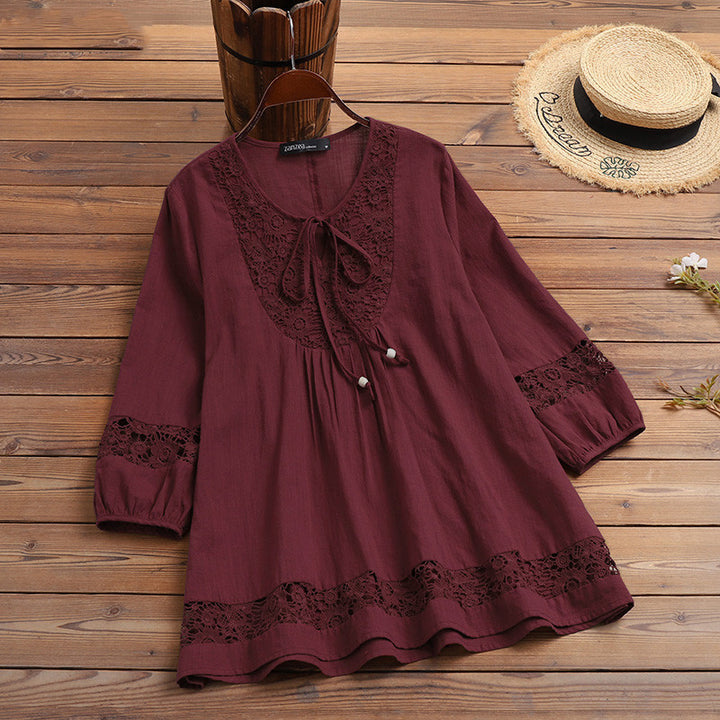 Women's Casual Tunic Blouse with Crochet Lace, Tie Collar and Three-Quarter Sleeves Mune Fashion