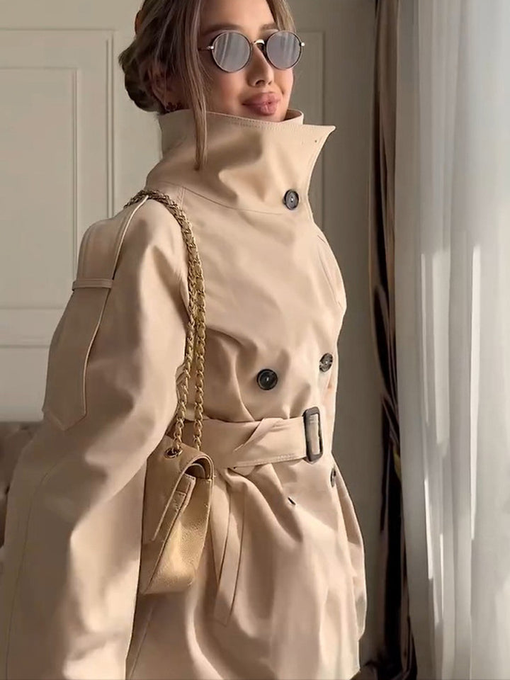 Women's Short Boxy Trench Coat with High Standing Collar, Double-Breasted Front & Waist Belt Mune Fashion