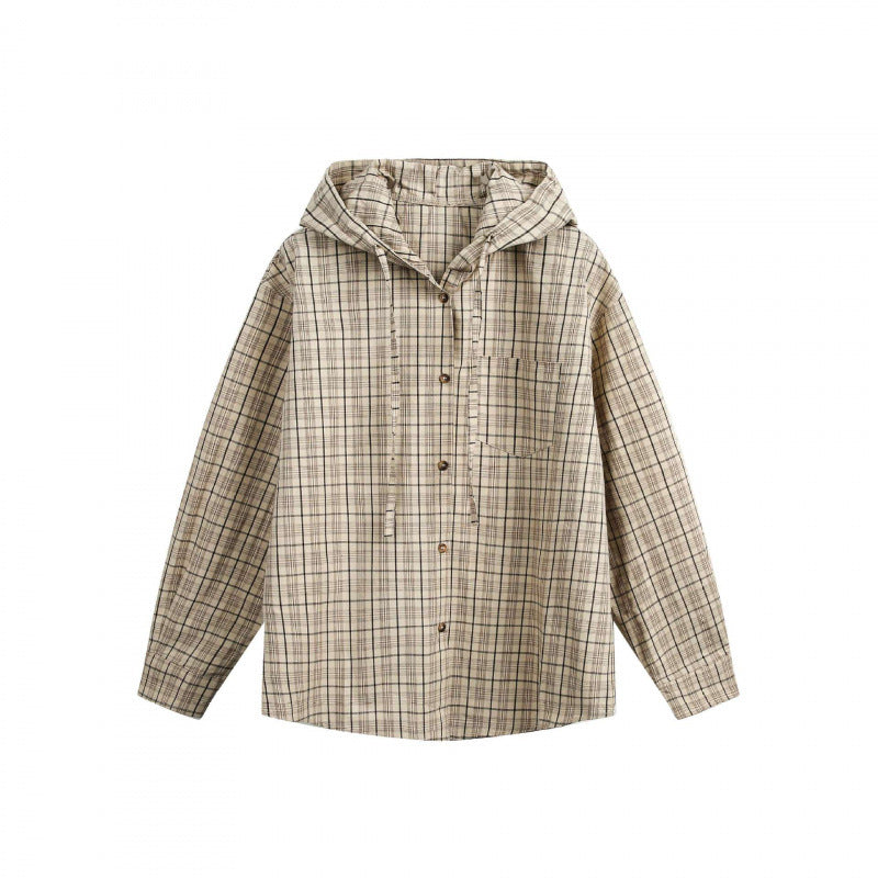 Unisex wide checkered hooded shirt jacket made of cotton flannel with patch breast pocket Mune Fashion