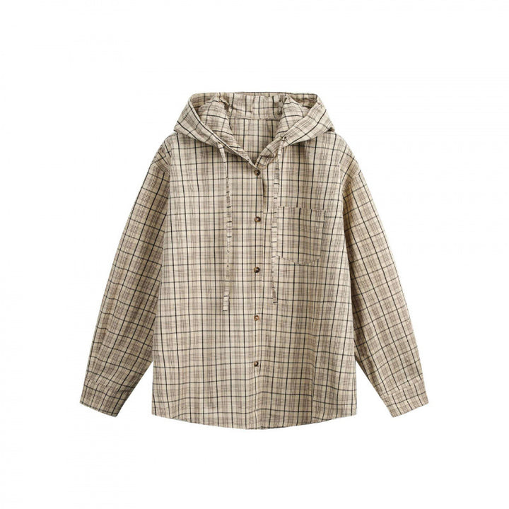 Unisex wide checkered hooded shirt jacket made of cotton flannel with patch breast pocket Mune Fashion