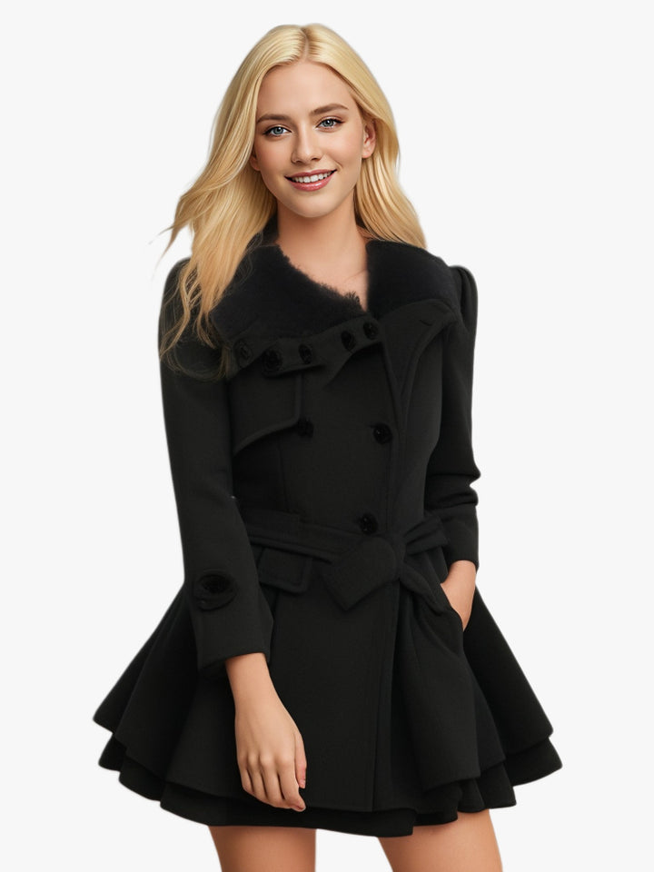 Women A-line wool blend coat with waist belt double-breasted and faux fur collar Mune Fashion