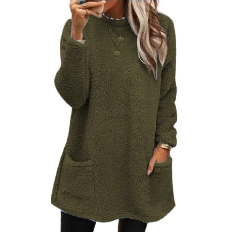 Women's cozy long teddy sweater oversized with round neck and slit pockets Mune Fashion