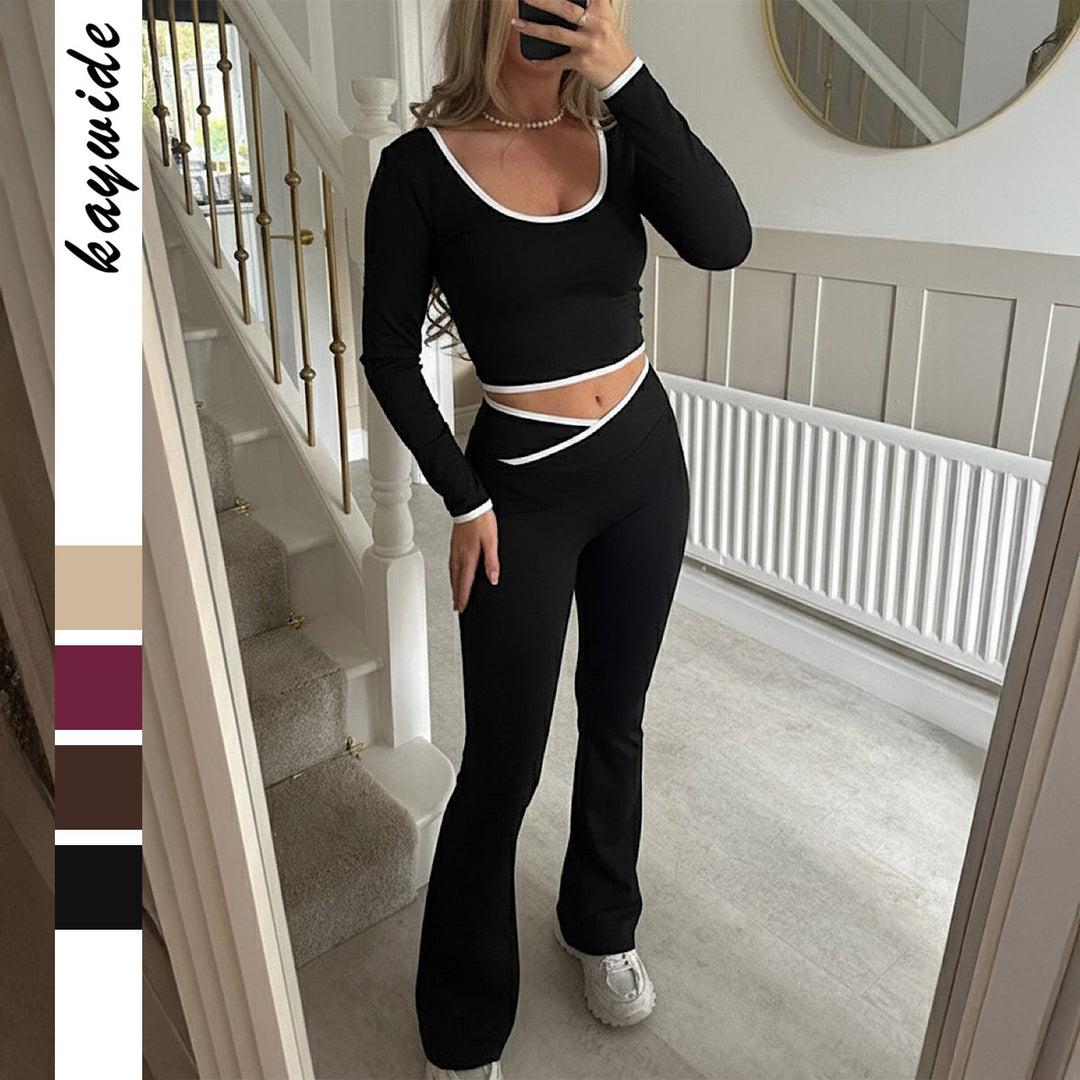 Women's form-fitting long sleeve crop top and flared high waist pants set Mune Fashion