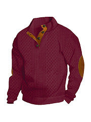 Men's coarse knitted sweater with stand-up collar, leather trim, and elbow patches Mune Fashion