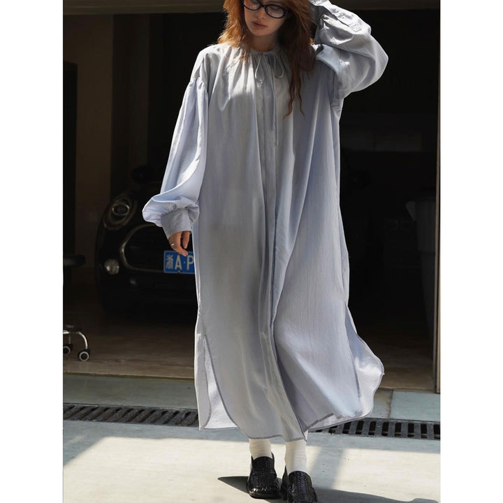 Ladies Soft Oversized Maxi Dress with Tied Collar and Balloon Sleeves Mune Fashion