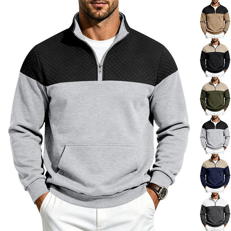 Men's Stand Collar Sweatshirt with Half Zip, Quilted Shoulder Yoke and Kangaroo Pocket Mune Fashion