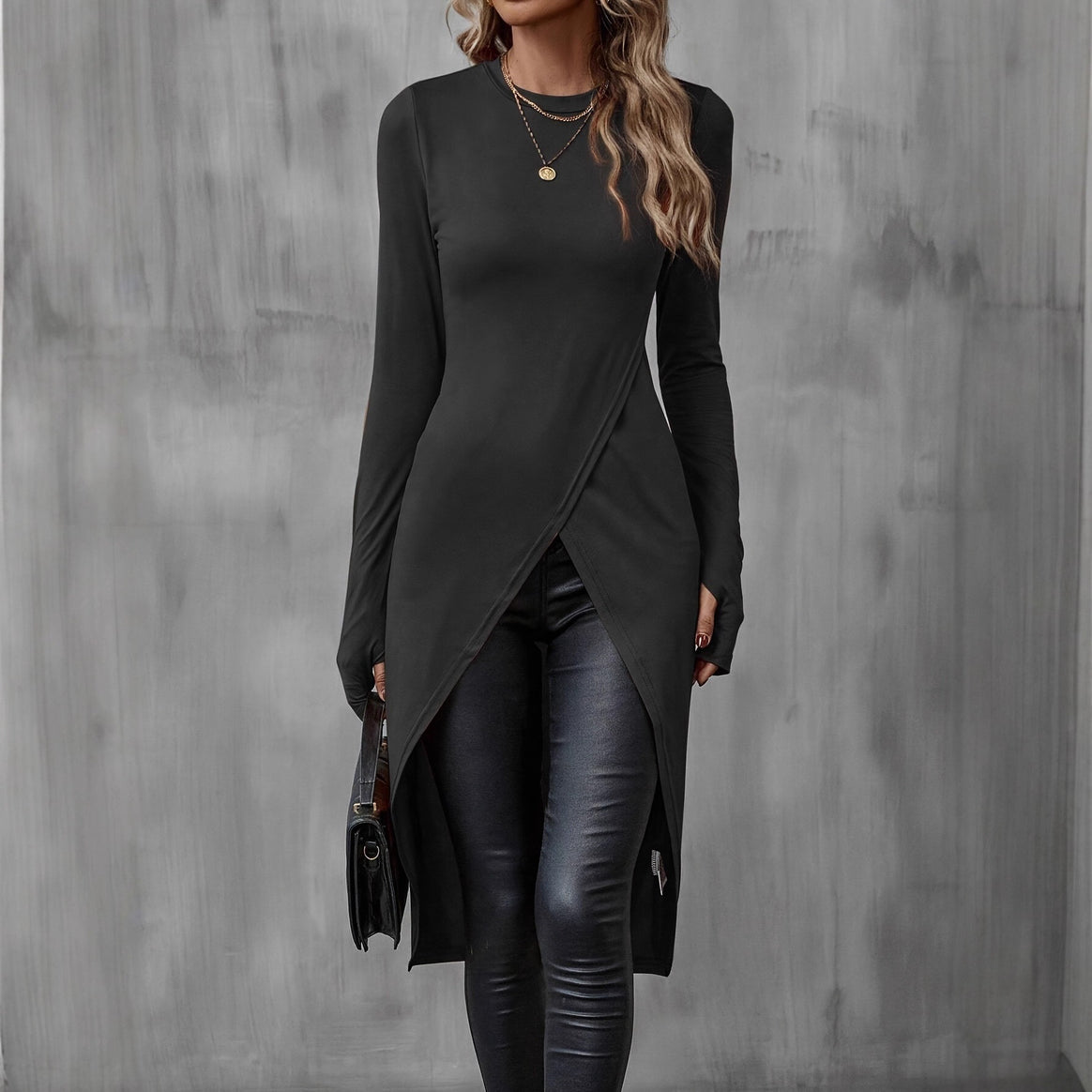 Women Asymmetrical Long Sleeve Tunic with Wrap Hem Mune Fashion