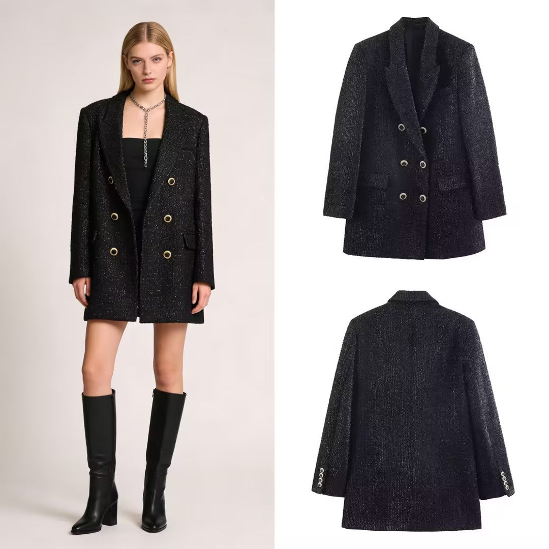 Women Double-Breasted Boucle Coat with Shawl Collar and Patching Pockets Mune Fashion