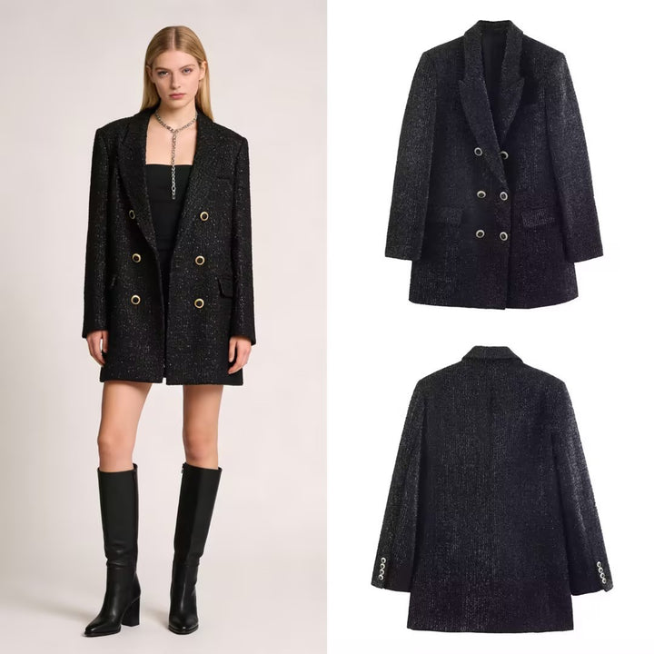 Women Double-Breasted Boucle Coat with Shawl Collar and Patching Pockets Mune Fashion