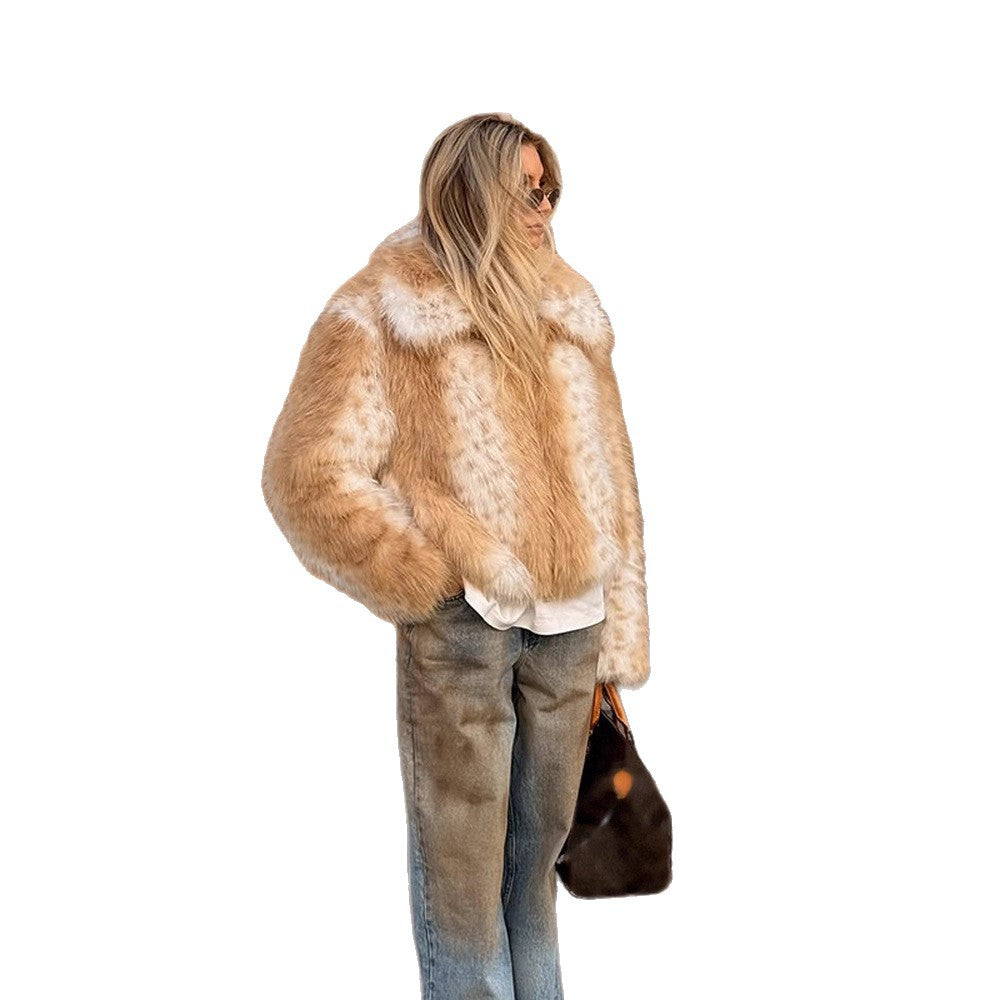 Women's Boxy Faux Fur Jacket with Two-Tone Shag Look and Notched Collar Mune Fashion