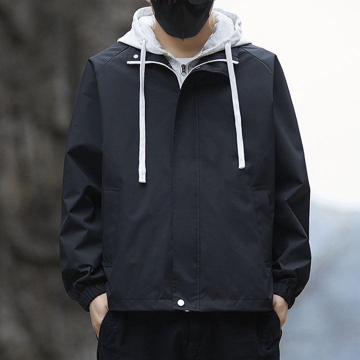 Men's Lightweight Hooded Rain Jacket in Bomber Style with Concealed Zipper and Elastic Cuffs Mune Fashion
