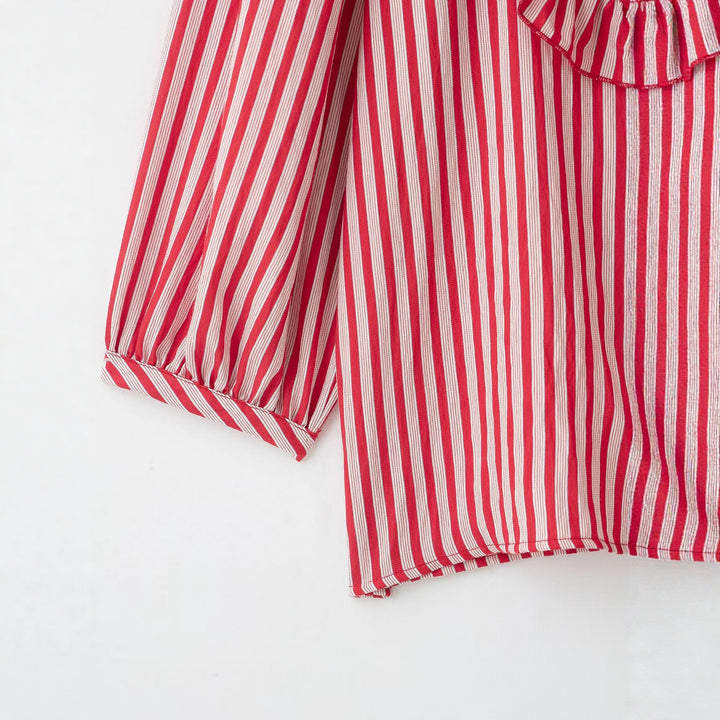 Women's Striped Blouse with Bow Collar, Ruffled Yoke and Balloon Sleeves Drune