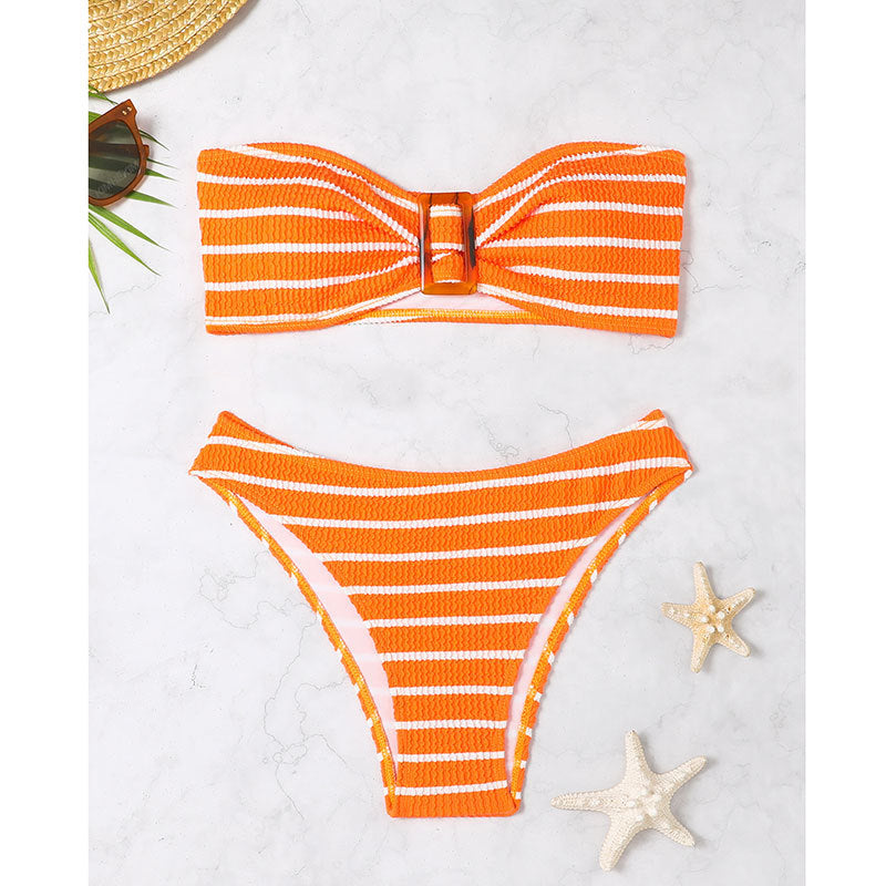 Women's bandeau bikini set with decorative ring and playful striped pattern Mune Fashion