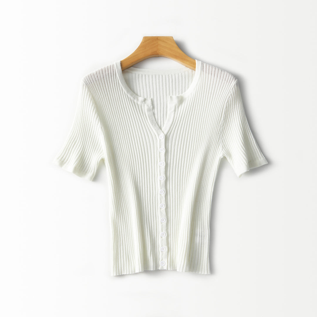 Women's Short-Sleeved Ribbed Button Cardigan from Fine Knit Mune Fashion