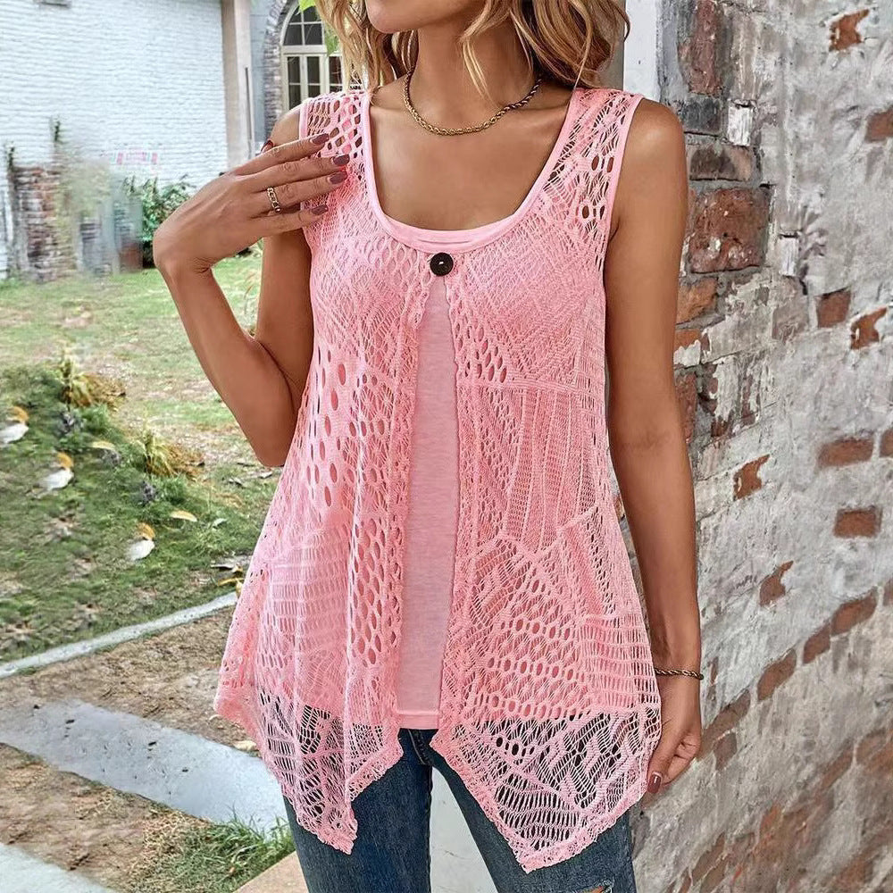 Women's two-layer crochet overlay with jersey inner top, single-button closure and asymmetrical hem Mune Fashion