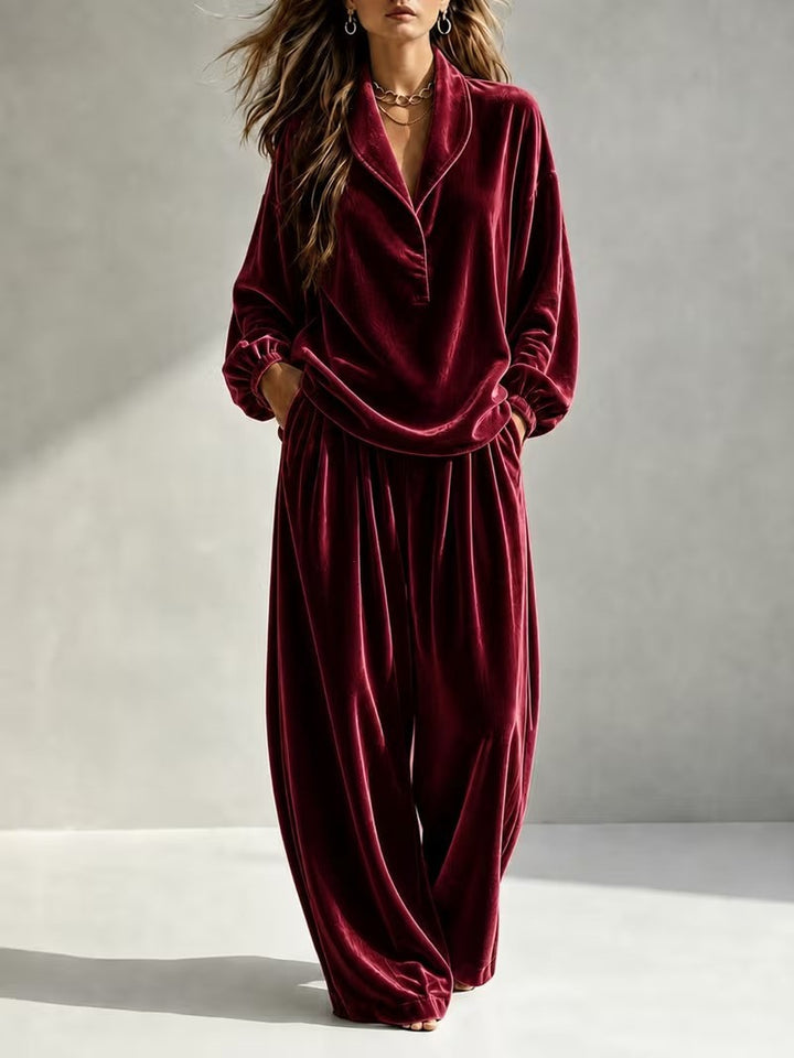 Women's Luxurious Velour Loungewear Set with Shawl Collar and Wide Palazzo Pants Mune Fashion
