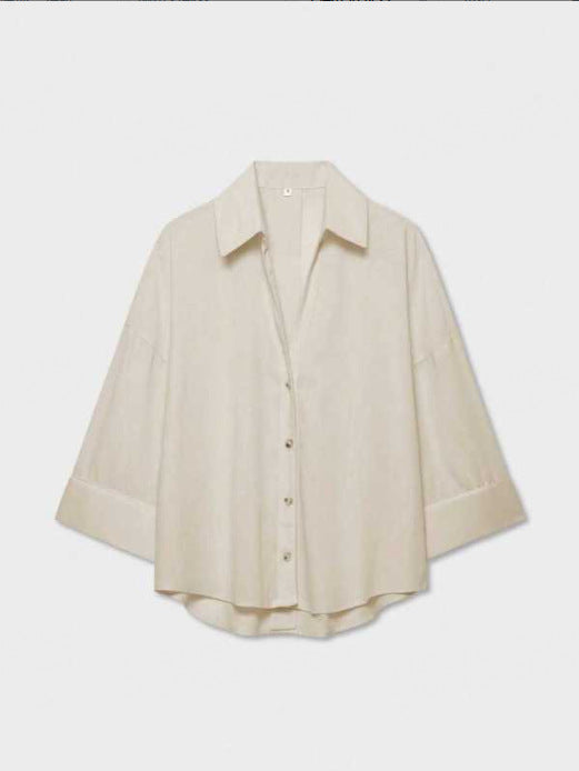Women's Lightweight Oversized Linen Look Blouse with Three-Quarter Sleeves and Full Button Placket Mune Fashion