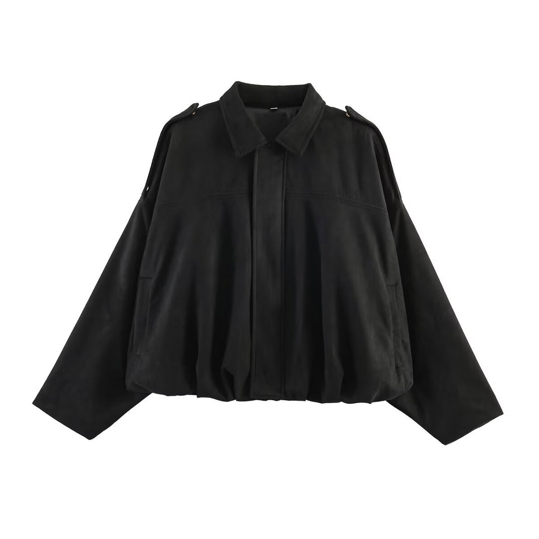 Ladies Oversized Suede Jacket with Shoulder Flaps, Concealed Button Placket and Elastic Hem Mune Fashion