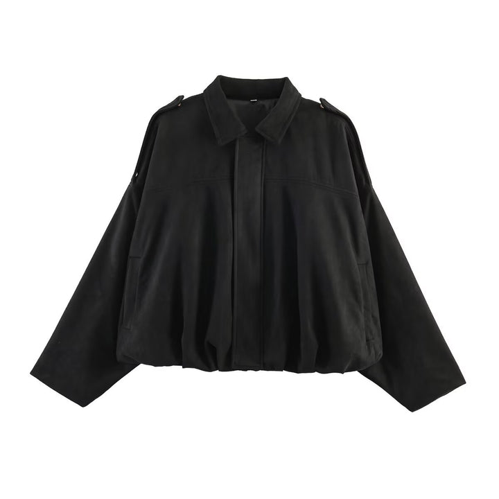 Ladies Oversized Suede Jacket with Shoulder Flaps, Concealed Button Placket and Elastic Hem Mune Fashion