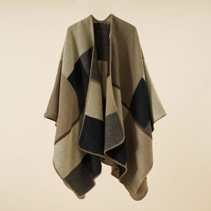 Women's Triangular Knit Poncho with Geometric Jacquard Pattern and Decorative Stitch Mune Fashion