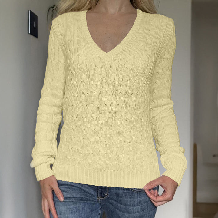 Women's nan premium cotton blend cable knit pullover with deep V-neck and fitted silhouette Mune Fashion
