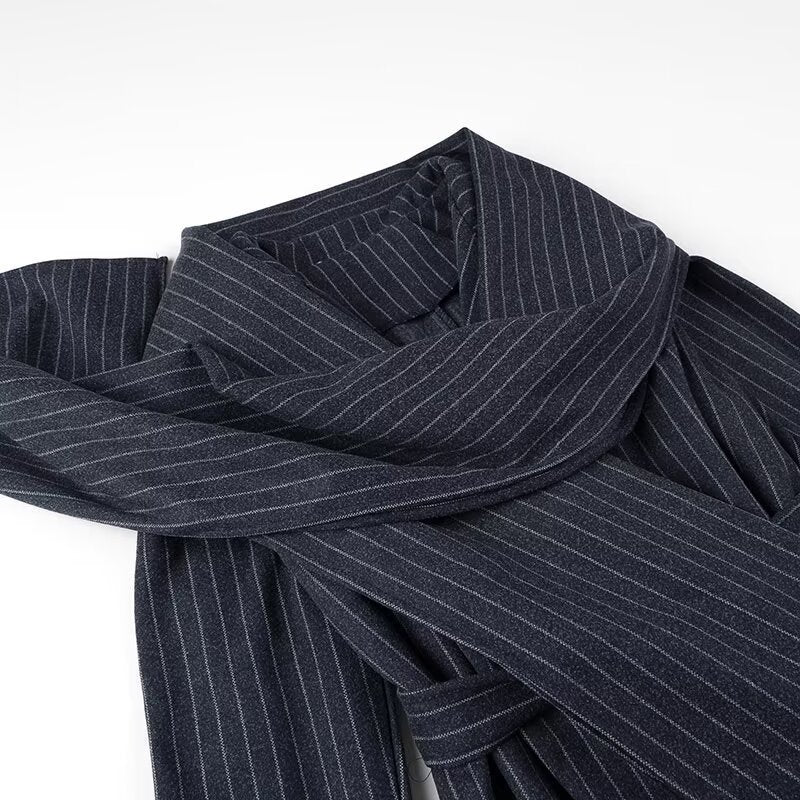 Women Tailored Pinstripe Coat with Ties and Wide Maxi Skirt Mune Fashion