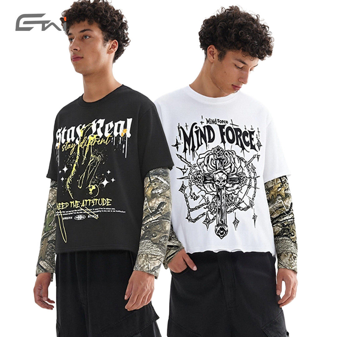 Men's Layered Long Sleeve T-Shirt with Camouflage Inner Sleeves and Gothic Print Mune Fashion