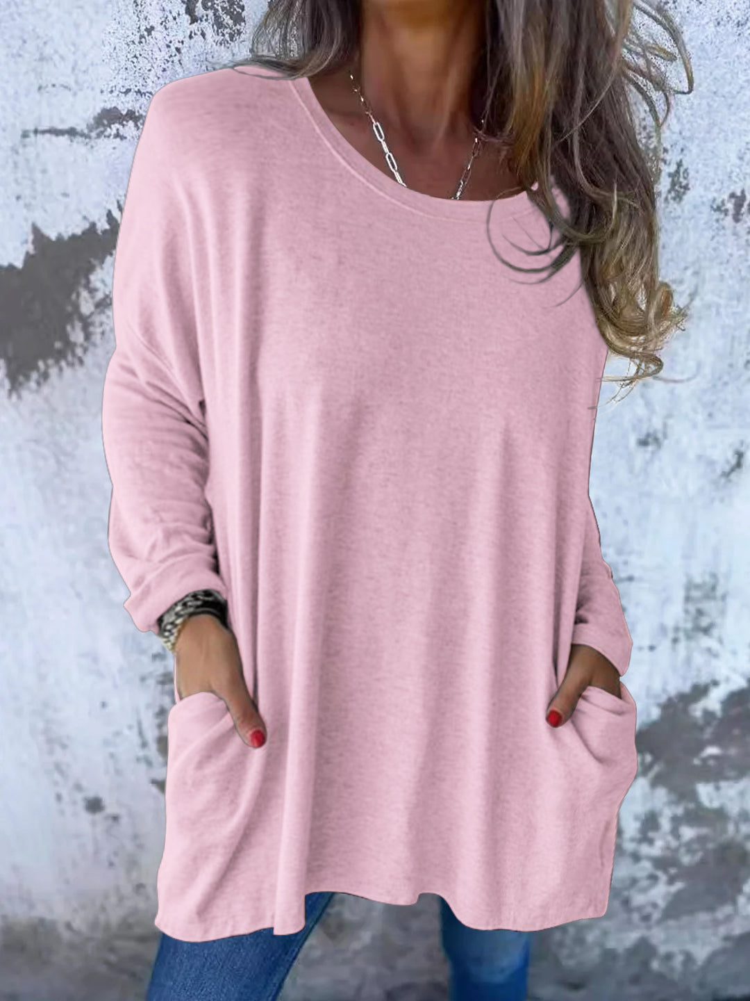 Ladies Soft Oversize Long Shirt with Round Neck, Casual Sleeves and Side Pockets Mune Fashion