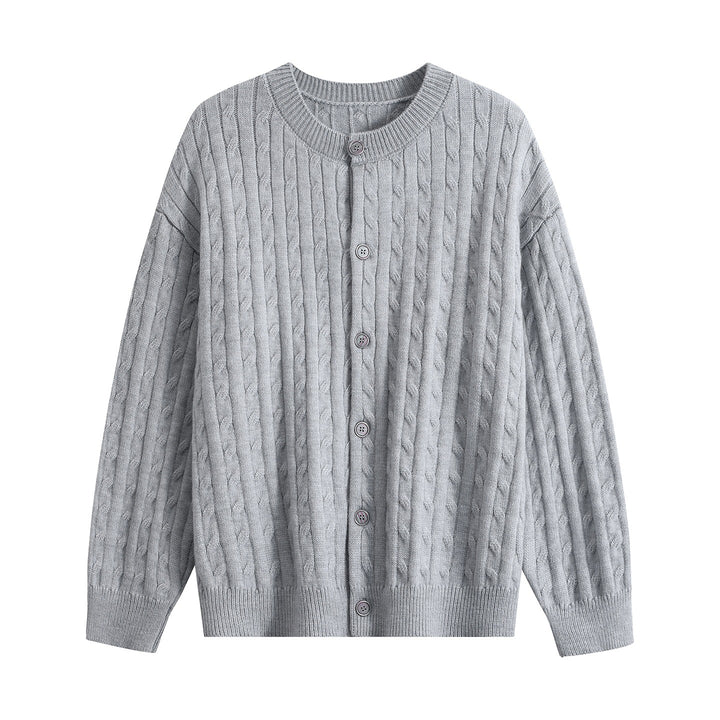 Women's chunky knit cardigan with cable pattern, round neck and continuous button placket Mune Fashion