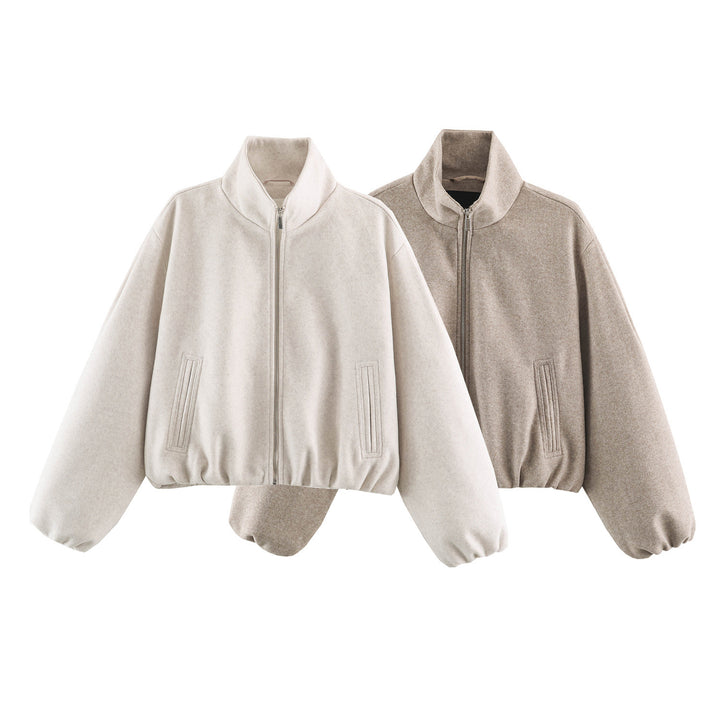 Women's Cropped Wool Look Bomber Jacket with High Stand-Up Collar and Hidden Pockets Mune Fashion