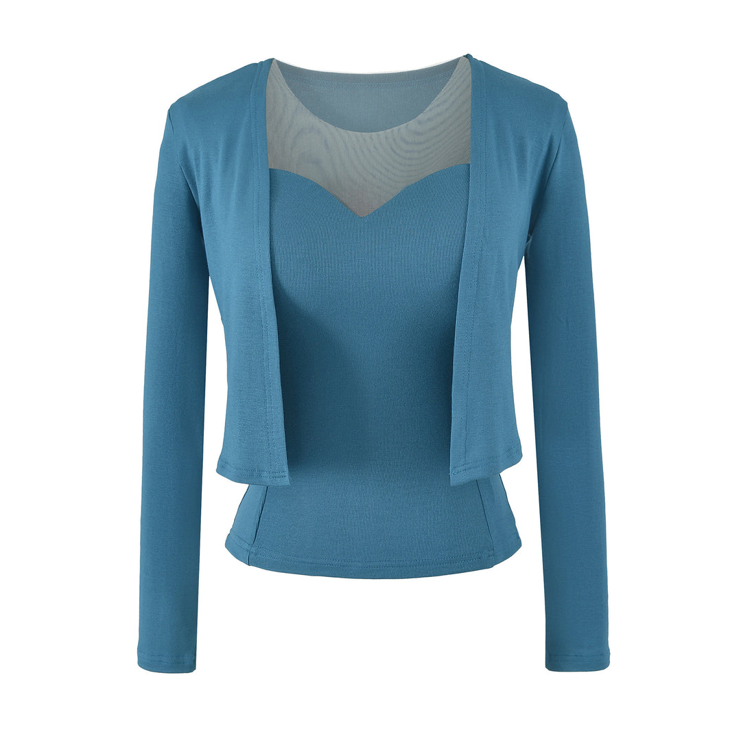 Ladies Two-Piece Fine Knit Top Set with Mesh Insert and Open Cardigan Mune Fashion