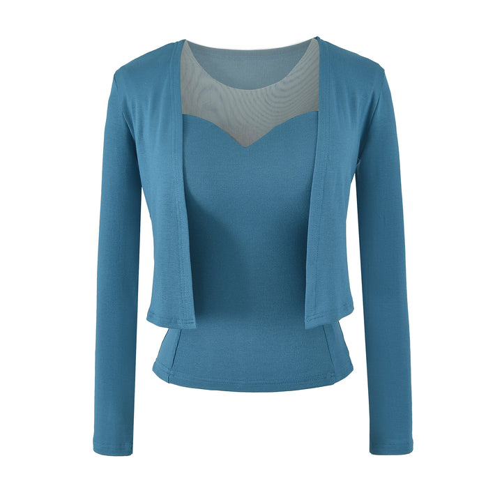 Ladies Two-Piece Fine Knit Top Set with Mesh Insert and Open Cardigan Mune Fashion