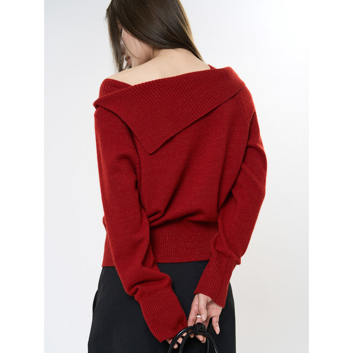 Women's Off-Shoulder Oversized Ribbed Knit Sweater with Folded Collar Mune Fashion