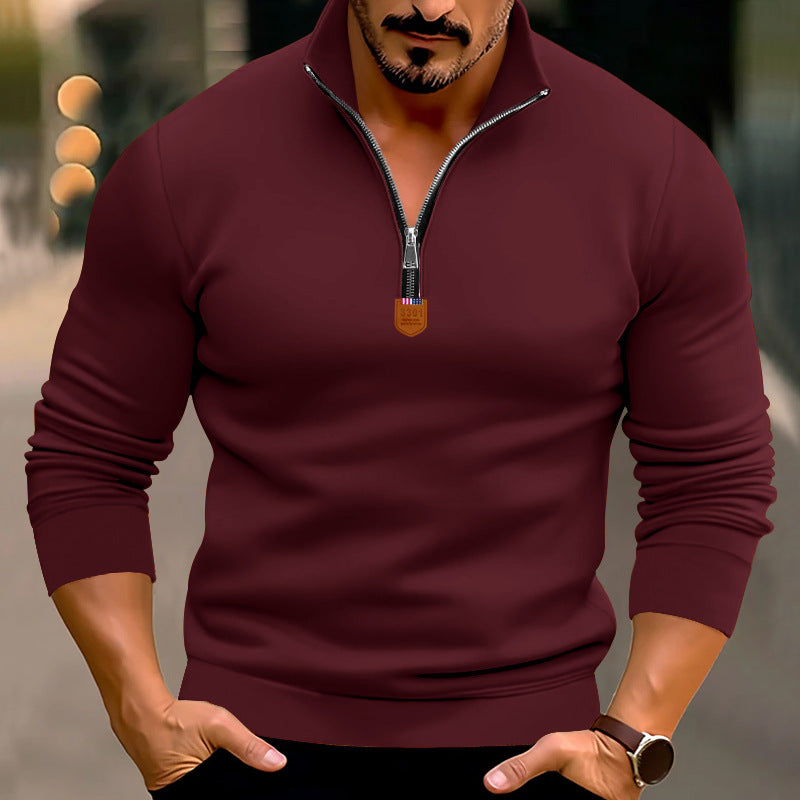 Men's narrow cut fine knit pullover with short zipper, shaping seams, and stretch waistband Mune Fashion